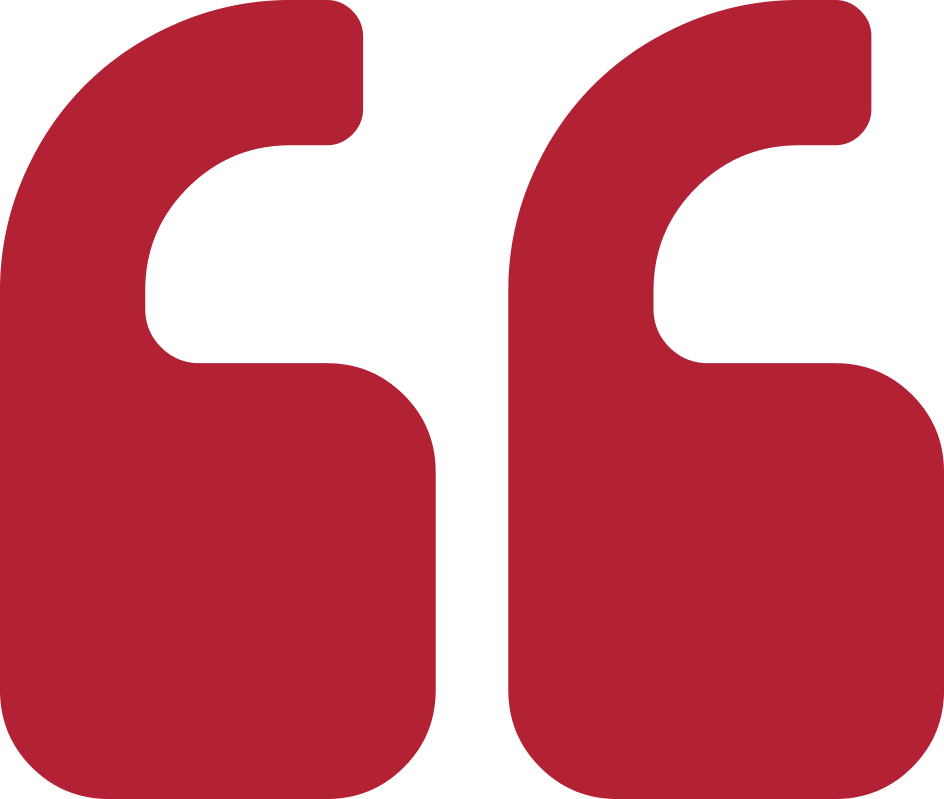 Red quotation mark symbol on white background.